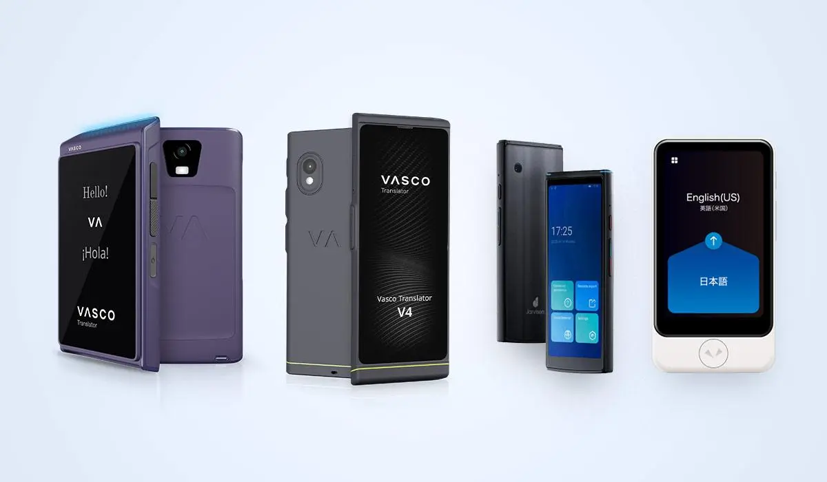Portable language translator devices comparison featuring Vasco Translator Q1, Vasco Translator V4, Jarvisen translator and Pocketalk translator.