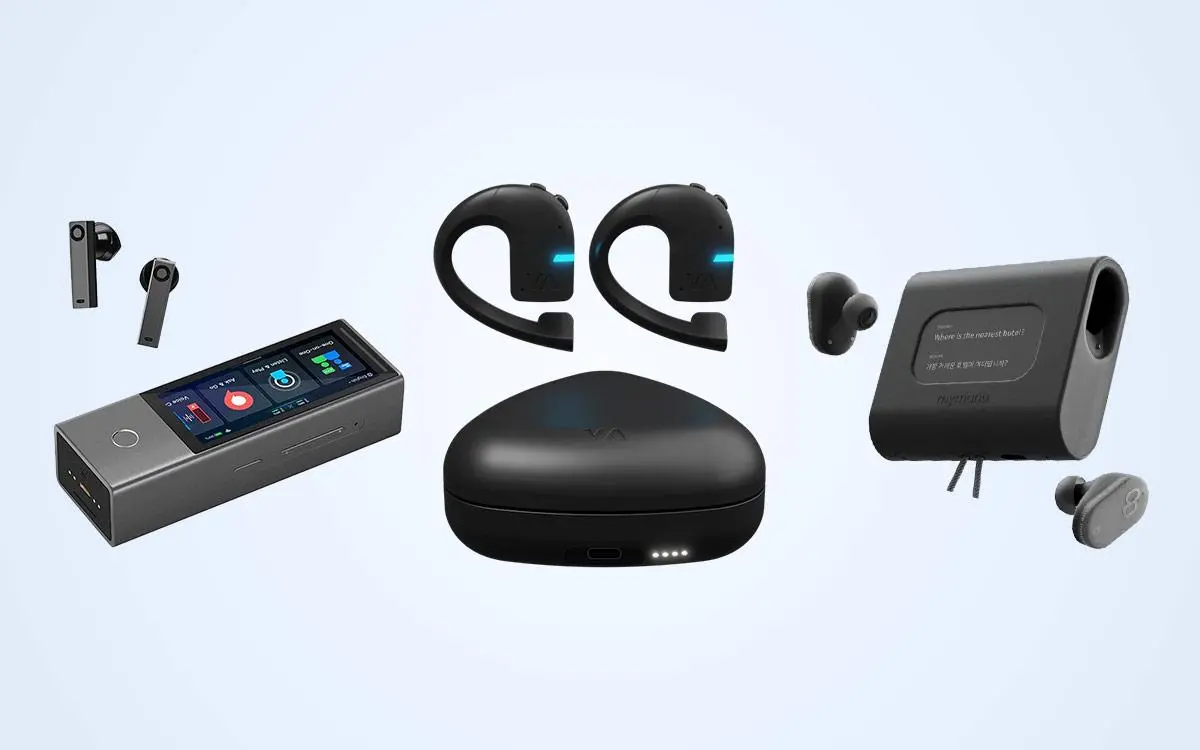 AI translator earbuds comparison featuring Vasco E1 Translator, Timekettle WT2 Edge and Mymanu CLIK Pro translation earbuds.